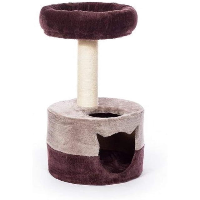 Prevue Pet Kitty King Lit avec Cachette en Tissu Peluche Prune et Gris avec une Entrée en Forme de Chat pour une base de Cachette Douce, un Poteau à Griffer en jute Naturel, et un Lit à Dessus Rond Rembourré, Idéal pour Se Détendre, Griffer et Se Reposer à l'Intérieur.