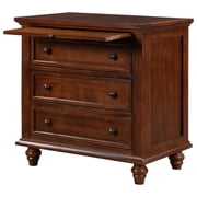27.6 inch brown painted pine nightstand with pull-out tray, 3 drawer bedside cabinet metal handles rubber wood tapered legs multi side table for bedroom sofa office