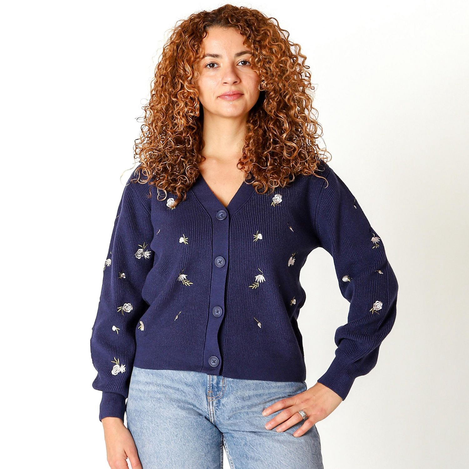 Devoted Knit Button-Up Cardigan with Floral Details