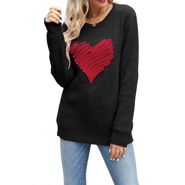 Gupgi Chandail Femme Cœur Amour Manches Longues Col Rond Saint-Valentin Tricot chandail