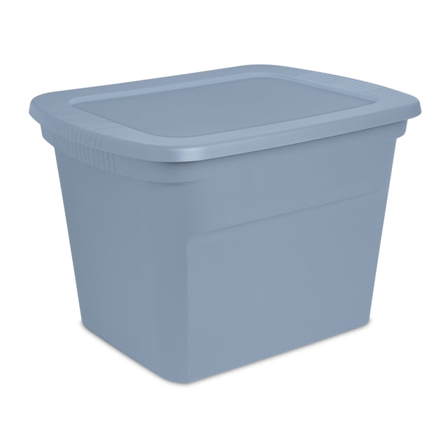 Sterilite 68 Liter Tote in light blue plastic with snap-on recessed lid and integrated handles, shown in a 3/4 profile. This stackable, BPA- and phthalate-free storage bin measures 59.7 cm by 46.7 cm by 41 cm, ideal for organizing seasonal and holiday items in home storage areas.