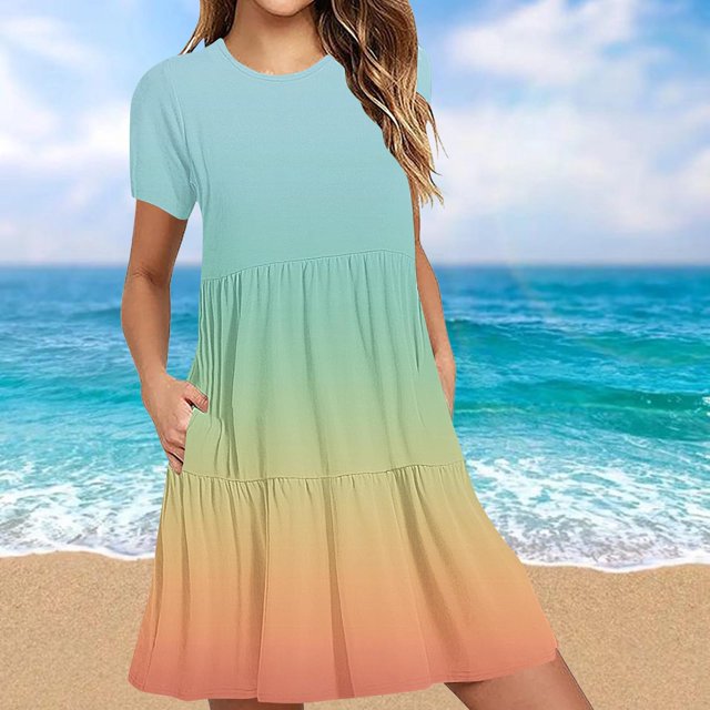 Amzcrzy Robes pour Femmes Robes Décontractées pour Femmes Robes d'Été Décontractées à Manches Courtes Robe T-Shirt à Étages Mini Robes avec Poches Robes Décontractées pour Femmes