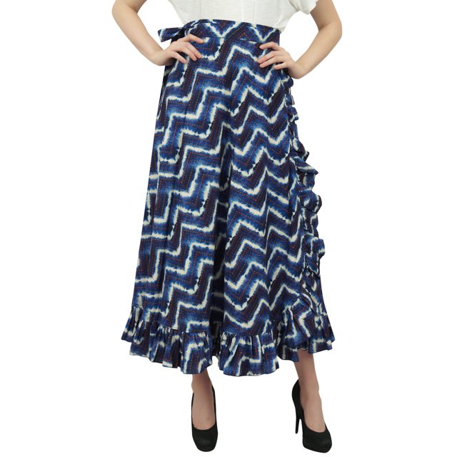 Phagun Robe Imprimée Shibori pour Femmes, Ceinture Auto, Coton, à Volants, Bleu Foncé, Portefeuille