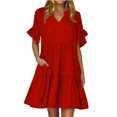 thumbnail image 1 of Robe Midi Évasée à Étages Décontractée pour Femmes, à Volants, Manches Courtes, Col en V, Ligne A, Ample, Robes d'Été Fluides, Robe Chemise Évasée Mini avec Poches, 1 of 6