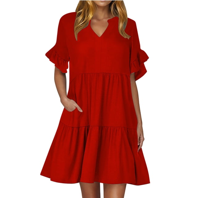 Robe Midi Évasée à Étages Décontractée pour Femmes, à Volants, Manches Courtes, Col en V, Ligne A, Ample, Robes d'Été Fluides, Robe Chemise Évasée Mini avec Poches