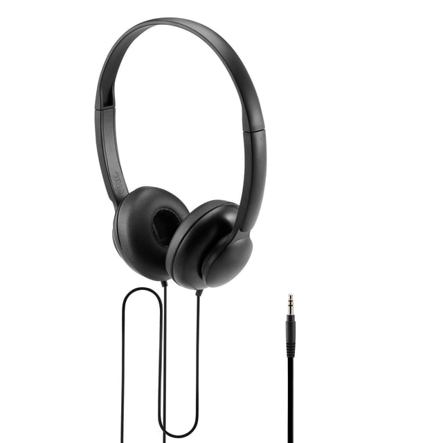 Onn. Wired Lightweight On-Ear Headphones in black with adjustable headband and padded ear cups, featuring a 3.5mm AUX cable 1.2m long for universal device compatibility, shown front-facing on white background.