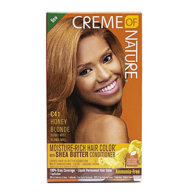 Creme Of Nature Color C41 Kit de Coloration Blond Miel avec Coloration Permanente Liquide Riche en Ammoniaque et Revitalisant au Beurre de Karité, Offrant une Couverture 100 % des Cheveux Gris et une Brillance Éclatante, Affiché sur une Boîte orange Présentant un Échantillon de Coloration Blond Miel et un badge d'Ingrédients Naturels Certifiés.