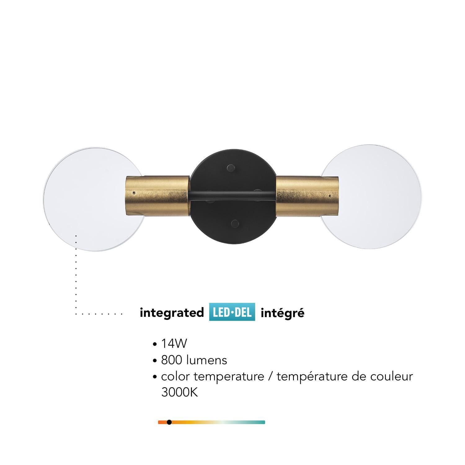 Applique murale noir mat Sommers de 18 po à DEL intégrées de 14 W à intensité variable avec accents de laiton mat et abat-jours en verre transparent