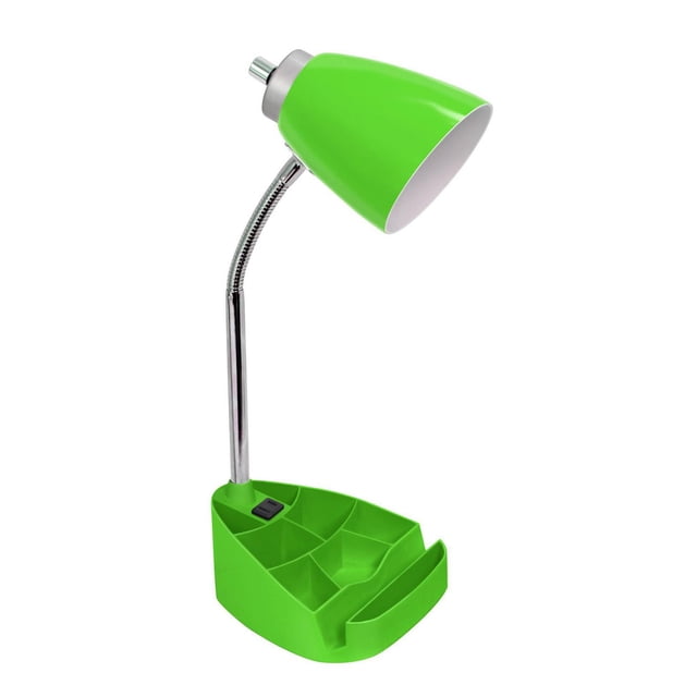 Limelights Gooseneck Organizer Desk Lamp with iPad Tablet Stand Book Holder and Charging Outlet in green plastic with chrome flexible gooseneck, featuring 8 compartments for supplies, a front slot for an iPad or book, a black rotary on/off switch on the lamp head, and a 2-prong charging outlet on the base, ideal for desk organization and device charging.
