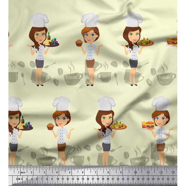 Soimoi Crepe Silk Fabric Cook Girl Print Fabric by Yard 42 Inch Wide