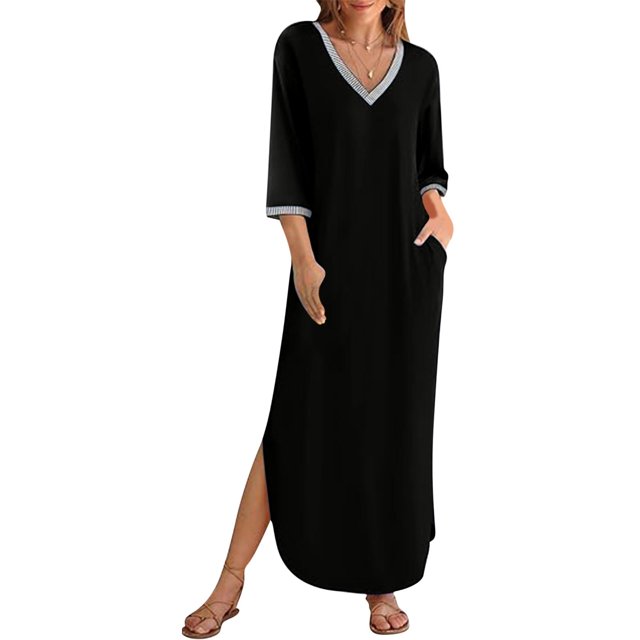 Gspmoly Robes pour Femmes, Robes pour Femmes Manches 3/4 Col en V Ample Fluide Fendue Longue Robe Maxi avec Poches Robes de Cocktail jusqu'à 65 % de Rabais
