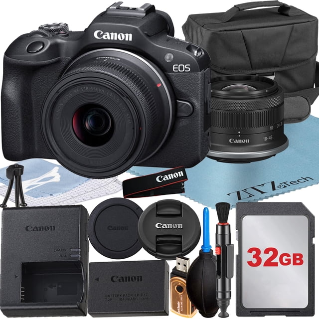 Canon EOS R100 Appareil Photo Sans Miroir Ensemble Comprenant un Capteur CMOS APS-C 24,1 Mpx et un Processeur DIGIC 8, Assorti à un Objectif RF-S 18-45mm f/4.5-6.3 IS STM. l'Ensemble Comprend une Carte Mémoire SanDisk 32 Go, un Stylo de Nettoyage, un Souffleur de Poussière, un kit de Départ Haut de Gamme et un Chiffon de Nettoyage en Microfibre ZeeTech. l'Appareil Photo Offre un Enregistrement Vidéo Raccourci 4K 24p, Full HD à 60p, CMOS AF Double Pixel