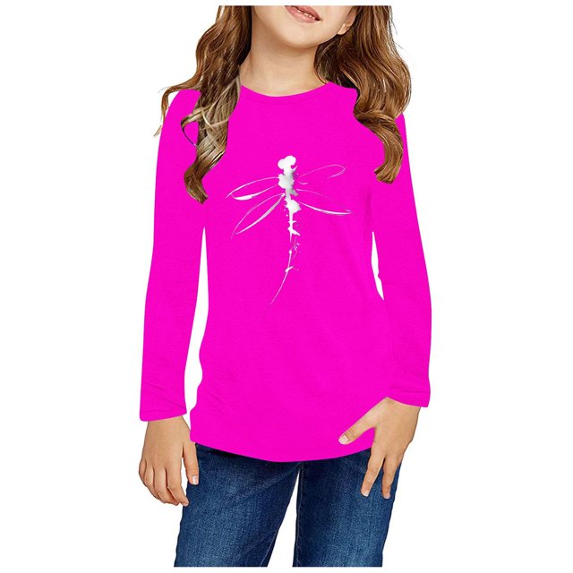 RXIRUCGD Chemises à Manches Longues pour Filles, Col Rond Mignon, Blouses Décontractées Élégantes (Rose Vif, Taille : 4 Ans)