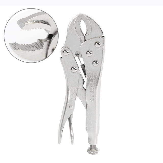 WorkPro 7" Curved Jaw Locking Pliers with serrated curved jaws shown front-facing with a close-up of the gripping teeth. Made of heat-treated steel with an adjustable screw for clamping pressure and a quick-release lever. This hand tool is designed for securely clamping, gripping round objects, and holding materials during welding or assembly.