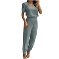 thumbnail image 1 of Mikilon Ensemble Stylé pour Femme 2 Pcs Mode Col Rond Couleur Unie T-Shirt à Manches Courtes + Pantalon Ample à Poches Ensemble Vert Armée TP, 1 of 6