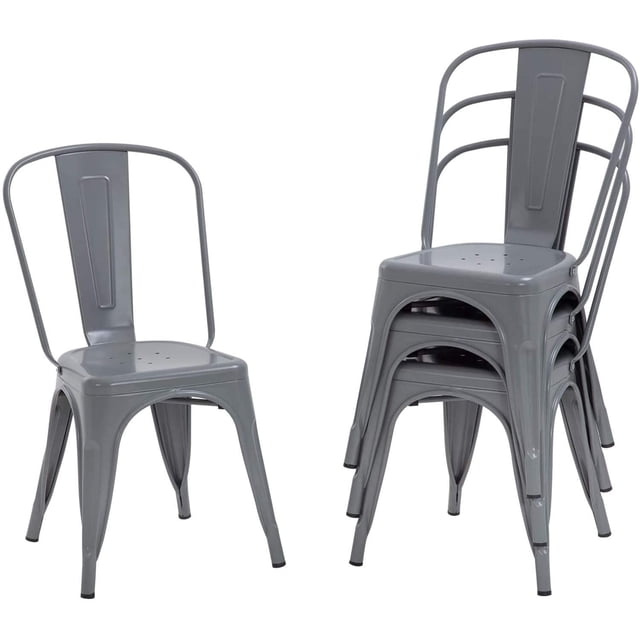 FDW Metal Dining Chairs Set of 4 in grey, featuring a stackable Tolix design with scratch-resistant backrests and non-slip feet. Ideal for kitchen seating, patio chairs, or dining room use, these chairs have a weight capacity of 330 lbs and an 18-inch seat height. Made of durable metal with a sleek industrial style.