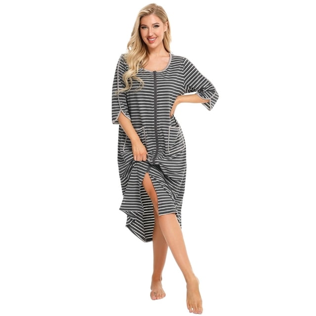 KYAIGUO Chemises de Nuit en Coton pour Femmes, Robe de Maison Douce à Rayures, Manches Longues, Chemises de Sommeil, Tenue de Nuit d'Automne, Robe de Pyjama, Chemise de Nuit P-2TG