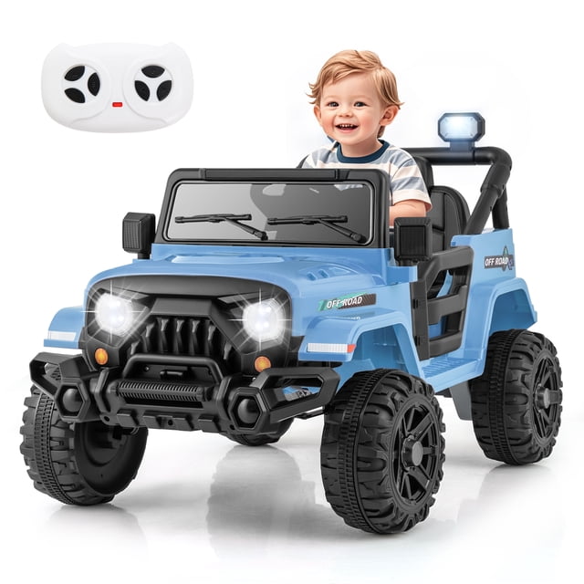 Gymax Camion-Auto pour Enfants 12 V Ride on Bleu avec Roues à Filetage, Phares DEL et Télécommande. Comprend Deux Moteurs de 35 W, Trois Vitesses Réglables et une Batterie rechargeable pour Prolonger le Temps de Jeu. Conçu pour les Enfants de 3 Ans et Plus, Comprend un Volant Adapté aux Enfants, une Pédale et des Caractéristiques de Sécurité comme des Portes Verrouillables et une Ceinture de Sécurité. Les Roues Tout-Terrain Favorisent l'Exploration sur Diverses surfaces, et la Musique et la Connexion Sans Fil Intégrées Améliorent le Divertissement.