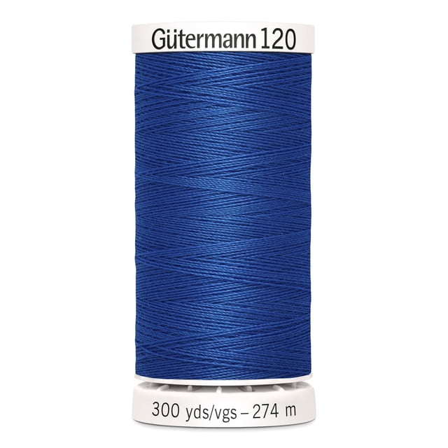 Gutermann 120 100% polyester all purpose thread spool in blue with white plastic ends labeled with brand and 300 yards (274 meters) length, suitable for machine and hand sewing various fabrics including cotton, synthetics, and natural fibers, often used for craft and DIY projects.