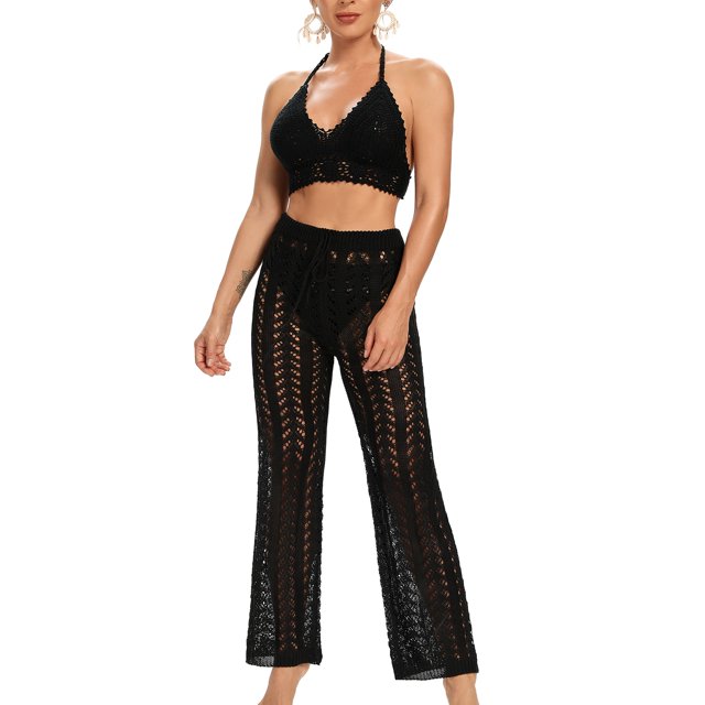 FOCUSNORM Women Hollow Out Pants Solid Color Elastic High Waist Trousers