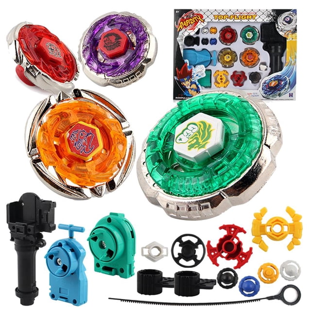 Wweixi Metal for Starter Set with 4D Launcher Grip Burst Battle Set Gift. This set features four gyros in random colors (red, purple, orange, and green), a handle, a cable launcher, a ruler launcher, a pull ruler, two disassembly tools, four gyro tips, and four gyro middle seats. Constructed from durable alloy and plastic, it is designed for children aged 8 and above. The set is portable and ideal for play at home, school, picnics, or daycare. The packaging highlights the vibrant designs and included components.