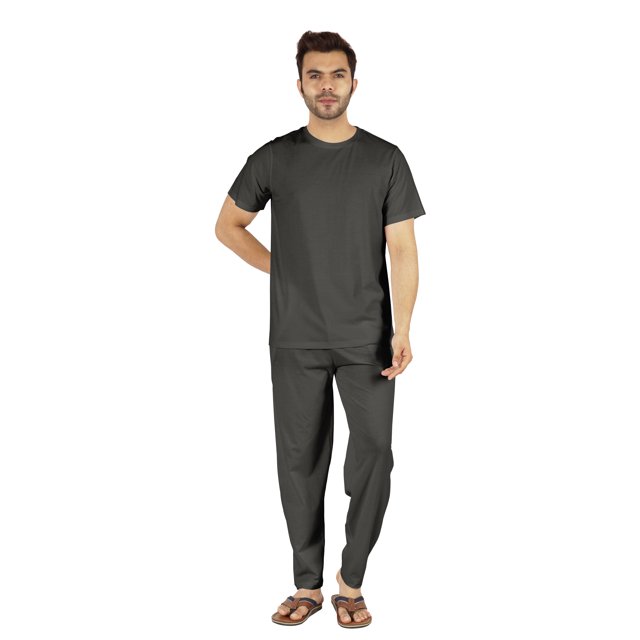 Inkmeso Solid Nightwear Set For Mens Tshirt And Pants Pajama Set Short Sleeve Pjs Loungewear Set