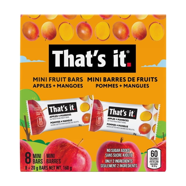 That's it Mini Mango Fruit Bar 8ct 20g box with 8 individually wrapped mini fruit bars made from apples and mangoes, containing no added sugar, gluten-free and vegan, suitable as a healthy snack for school, work, or travel.