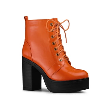 Unique Bargains Women's Platform Lace Up Chunky Heel Western Combat Boots Orange (Size 6.5)