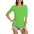 thumbnail image 2 of LOVZFMLL Women's T-Shirts V Neck Half Sleeve Solid Color Casual Basic Tees Spring Summer Clothes Outfits Going Out Tops Green XXL, 2 of 6
