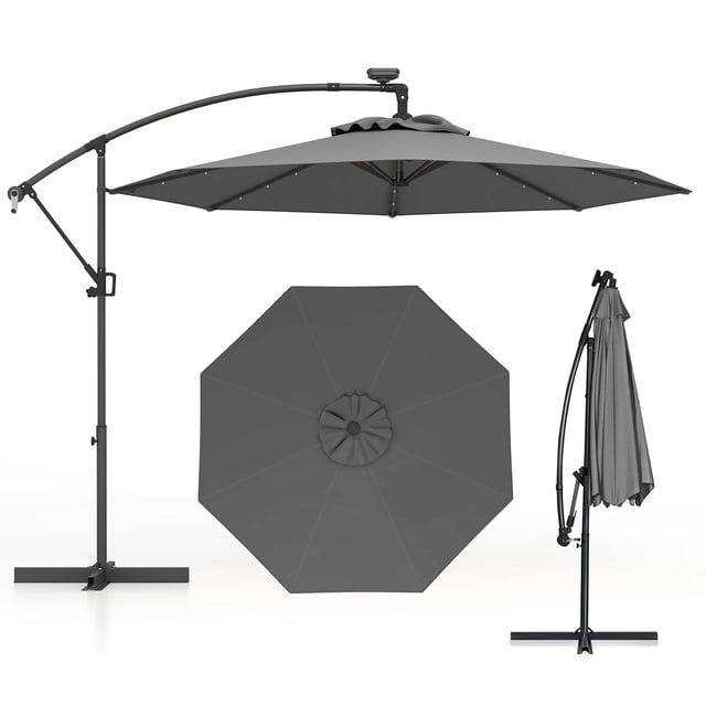 Costway 10FT Patio Offset Umbrella Sun Shade Solar Powered LED 360° Rotation Gray. A durable outdoor patio umbrella with a 10-foot gray polyester canopy, 8 steel ribs, and a powder-coated aluminum pole. Features 32 solar-powered LED lights for nighttime use, adjustable tilt, and 360° rotation for versatile shading. Ideal for outdoor spaces like patios, gardens, or poolside. Includes a cross base for stability.