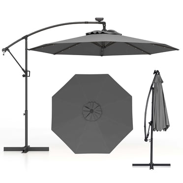 Costway Parasol Déporté de Patio 10 Pieds Pare-Soleil à DEL Alimentées par l'Énergie Solaire Rotation à 360° Gris