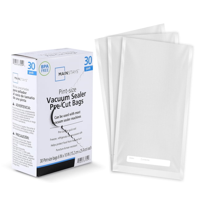 Mainstays Pre-Cut Vacuum Seal Bags, 1 Pint, 30 Count, clear embossed plastic bags with channels for air removal, shown with BPA-free packaging box, compatible with most vacuum sealers, freezer, refrigerator, and microwave safe, each bag measures 6 by 10 inches (15.2 by 25.4 cm), suitable for preserving food freshness and preventing freezer burn.