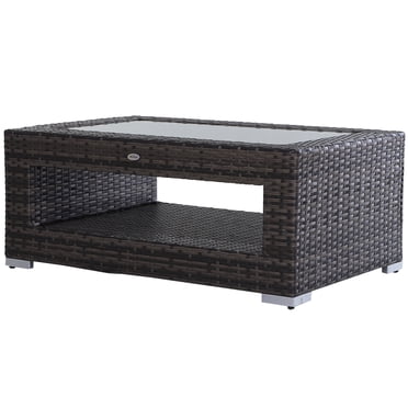 Outsunny Table Basse de Patio en Rotin à 2 Niveaux, Table d'Appoint d'Extérieur en Osier PE pour Patio et Jardin, Table de Thé/bout de Canapé avec Dessus en Verre Trempé et Rangement pour Balcon, Cour Arrière, au Bord de la Piscine