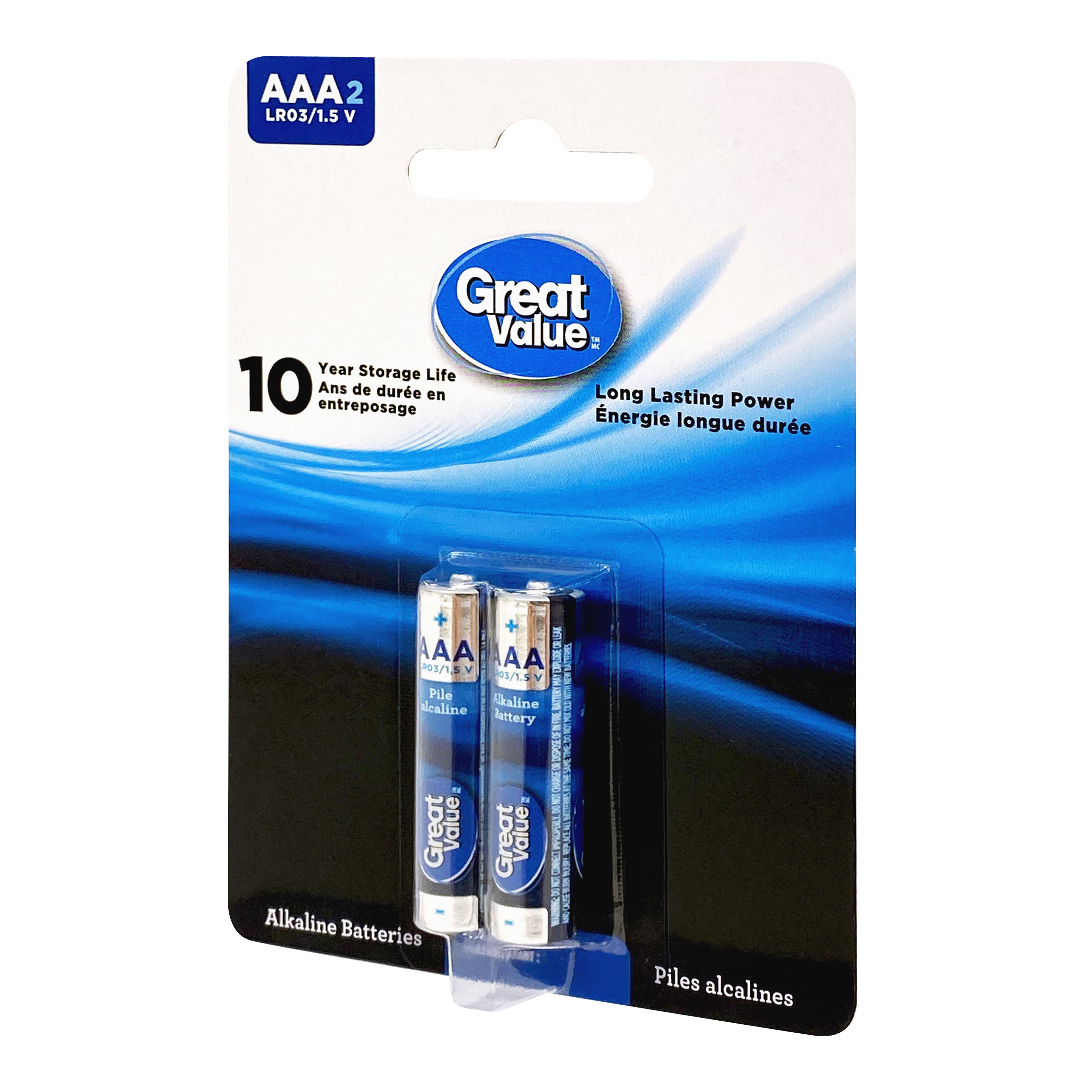 Piles alcalines AAA LRO3/1,5 V de Great Value Paquet de 2, durée de conservation de 10 ans