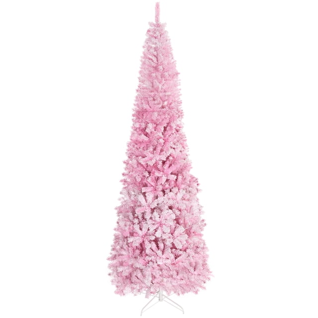 HOMCOM Snow Flocked Pencil Artificial Christmas Tree with Steel Base Pink
