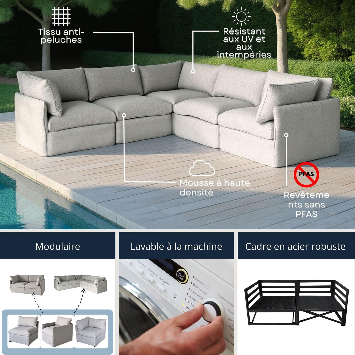 Ensemble de patio modulaire 3 places Patioflare Lanai, gris