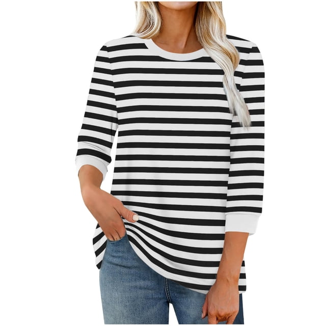 cfhntfmh Chemises à Rayures d'Automne pour Femmes Coupe Ample Hauts Décontractés T-Shirts à Col Rond Mode T-Shirt à Manches 3/4 Vêtements Confort