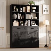 BeesClover 71inch Tall Bookcase, Large Bookcase with 2 Drawers and 4 Doors, Tall Wood Bookshelf, Spacious Organizer Shelf, Modern Display Cabinet Book Storage Organizer for Living Room Office