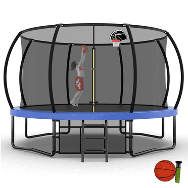 UIOWIO 14 ft Pumpkin Recreational Trampoline for Kids and Adults Outdoor Trampoline with Basketball Hoop Toddler Backyard Trampoline with Ladder,Enclosure Net,Storage Bag,Blue
