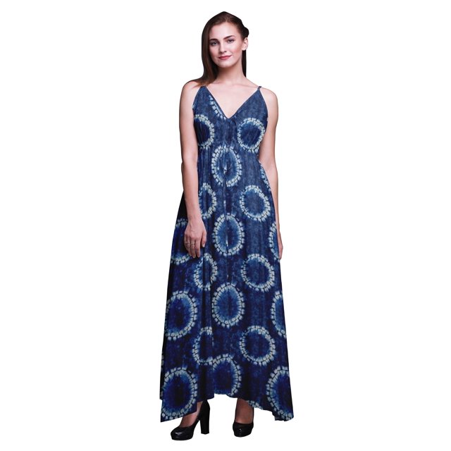 Bimba Robe Shibori pour Femmes à Imprimé, Bretelles Spaghetti, Col en V, Maxi, Tenue de Plage - Moyen