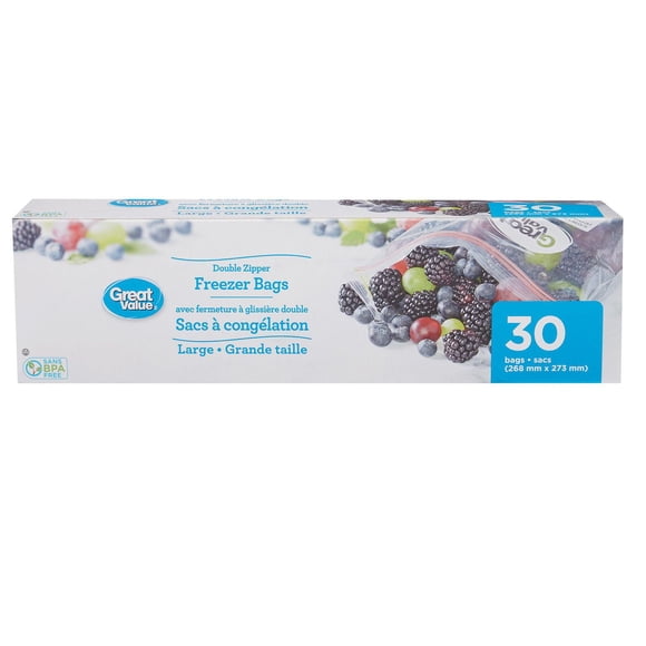 Great Value Large Freezer Bags, Double Zipper, 30 Bags