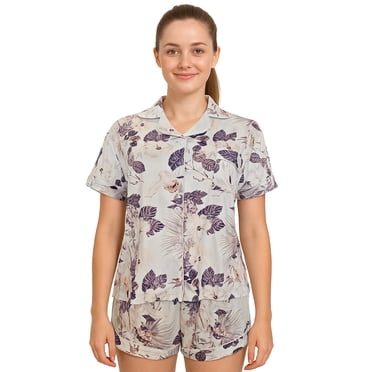 Hitime Silk Womens Pajamas Set Button Down Summer Sleepwear Short Sleeve Breathable Nightwear Loungewear Set, Size XL
