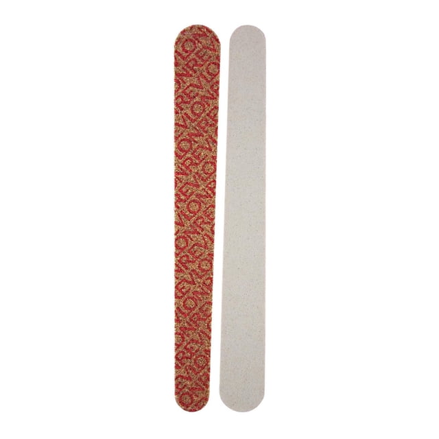 Revlon® Compact Emery Boards (24 count) showing two nail files side by side with one featuring a coarse brown surface printed with red Revlon logos for shaping nails and the other a smooth beige buffer side for smoothing edges, compact and flexible for travel or purse nail care use.