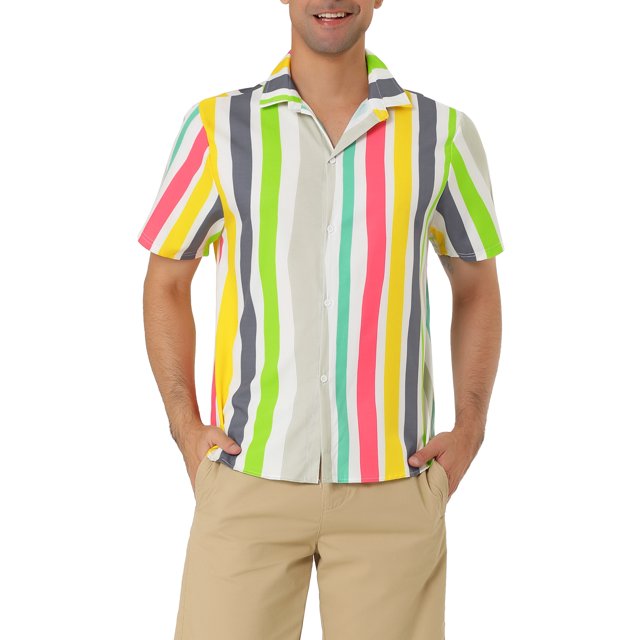 INSPIRE CHIC Men's Striped Short Sleeves Shirts Button Down Print Hawaiian Shirt S Yellow Gray