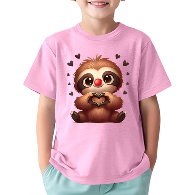 T-shirts Filles Enfants Imprimé Animaux Mignons Sports Décontractés Col Rond Manches Courtes Hauts Filles Rose 10-12 Ans