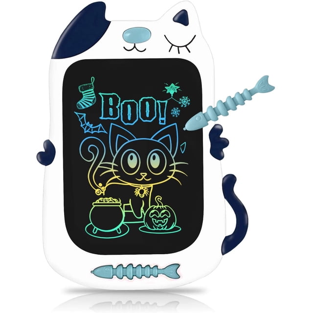 Jouets pour Filles Tablette d'Écriture à Écran LCD pour Enfants avec un Écran Coloré de 8,5 Pouces au design en Forme de Chat. la Tablette Comprend un Stylet en Arête de Poisson pour une Écriture et un Dessin Fluides, une Touche de Verrouillage pour Prévenir l'Effacement Involontaire, et un Bouton Nez de Chat pour un Dégagement de l'Écran en un Clic. l'Écran Affiche un Gribouillage vibrant d'Un Chat avec des Éléments sur le Thème de l'Halloween. Fabriquée en Plastique Imperméable et Résistant aux Chutes, Elle Est Légère et portable, Idéale pour