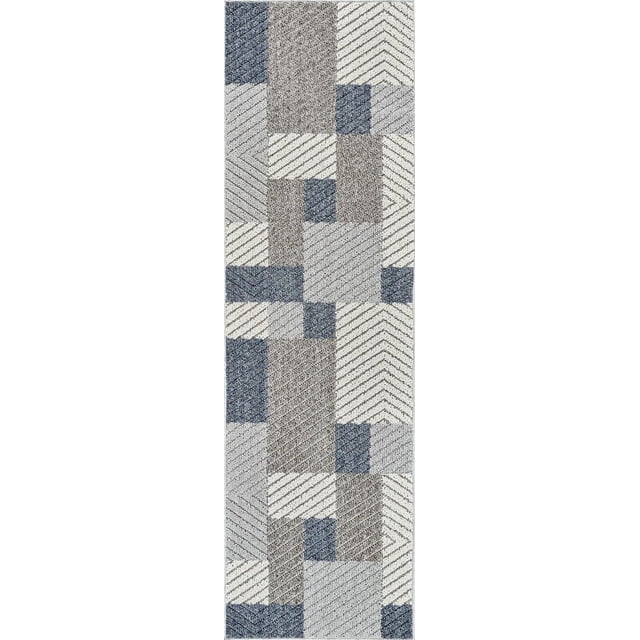 Rug Branch Hogar Abstract Indoor Outdoor Area Rug, grey and blue geometric pattern with overlapping rectangles and squares featuring diagonal and chevron lines, suitable for entryway, hallway, patio, or balcony use.