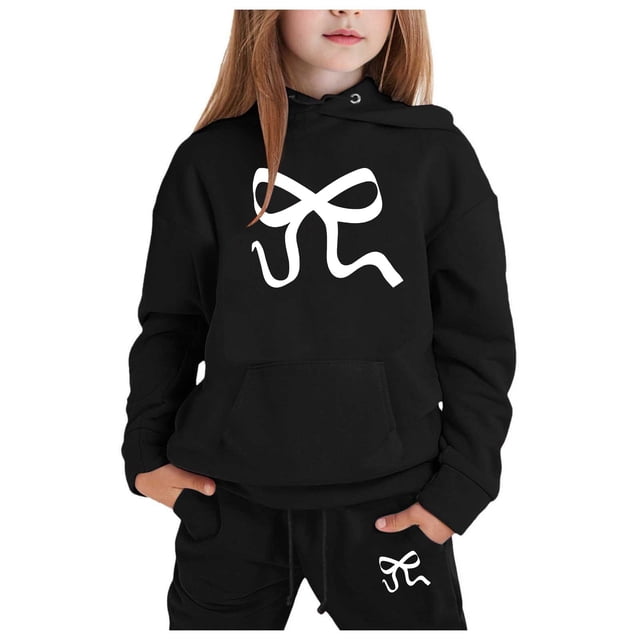 GDREDA Girls Sets 2 Piece Outfits Spring Children's Hoodie Set With Bow Print Black,3-4Years