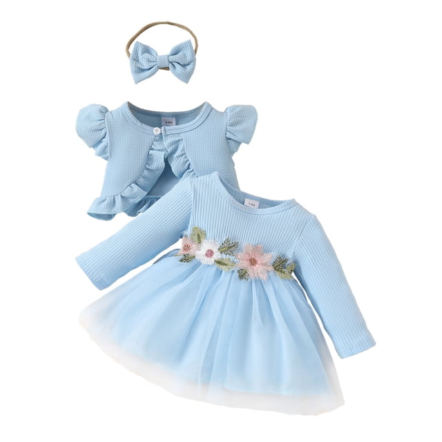 WEIYLL Outfits For Girls Long Sleeve Princess Floral Dress Ruffles Coat Tops Headbands Blue Clothes Set Size 18M