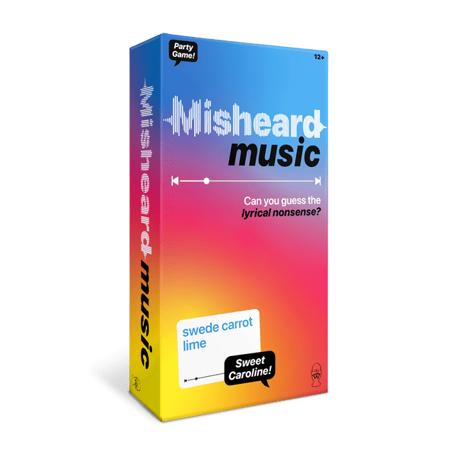 Boîte de Jeu de Société Musicale « Misheard » avec un Dégradé du Bleu au Rose au Jaune, Montrant du Texte Blanc et Noir Distordu « Misheard Music » et le Slogan « Can you Devine the lyrical nonsense? » Elle Présente un Échantillon de Paroles « Swede carrot lime » et une Bulle de Discours « Sweet Caroline! » Ce Jeu de Fête Offre un Défi Musical Amusant pour les Joueurs de 12 Ans et Plus.